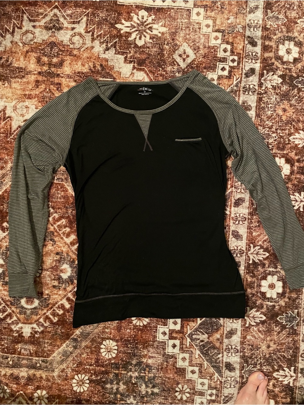 Striped-Sleeve Black Raglan Long-Sleeve Tee